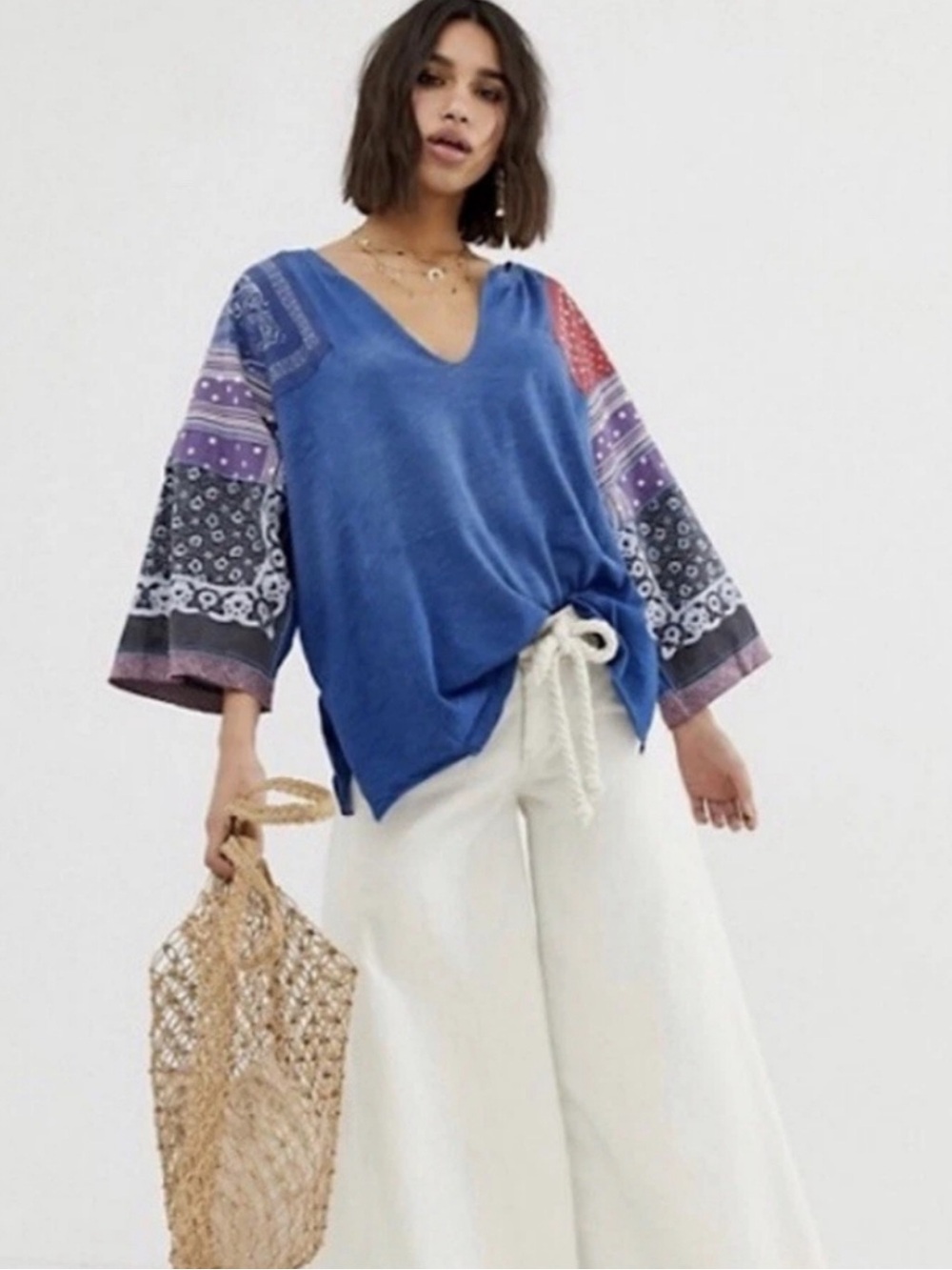 We The Free L Shibuya Indigo V-Neck Tunic with Patchwork Sleeves